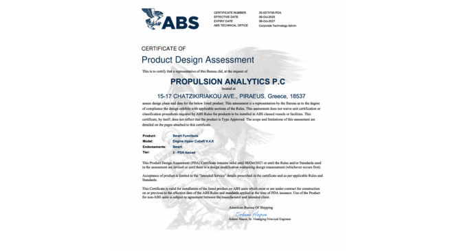 Propulsion Analytics’ Engine Hyper Cube® V.4.X Receives ABS Product Design Assessment Certification